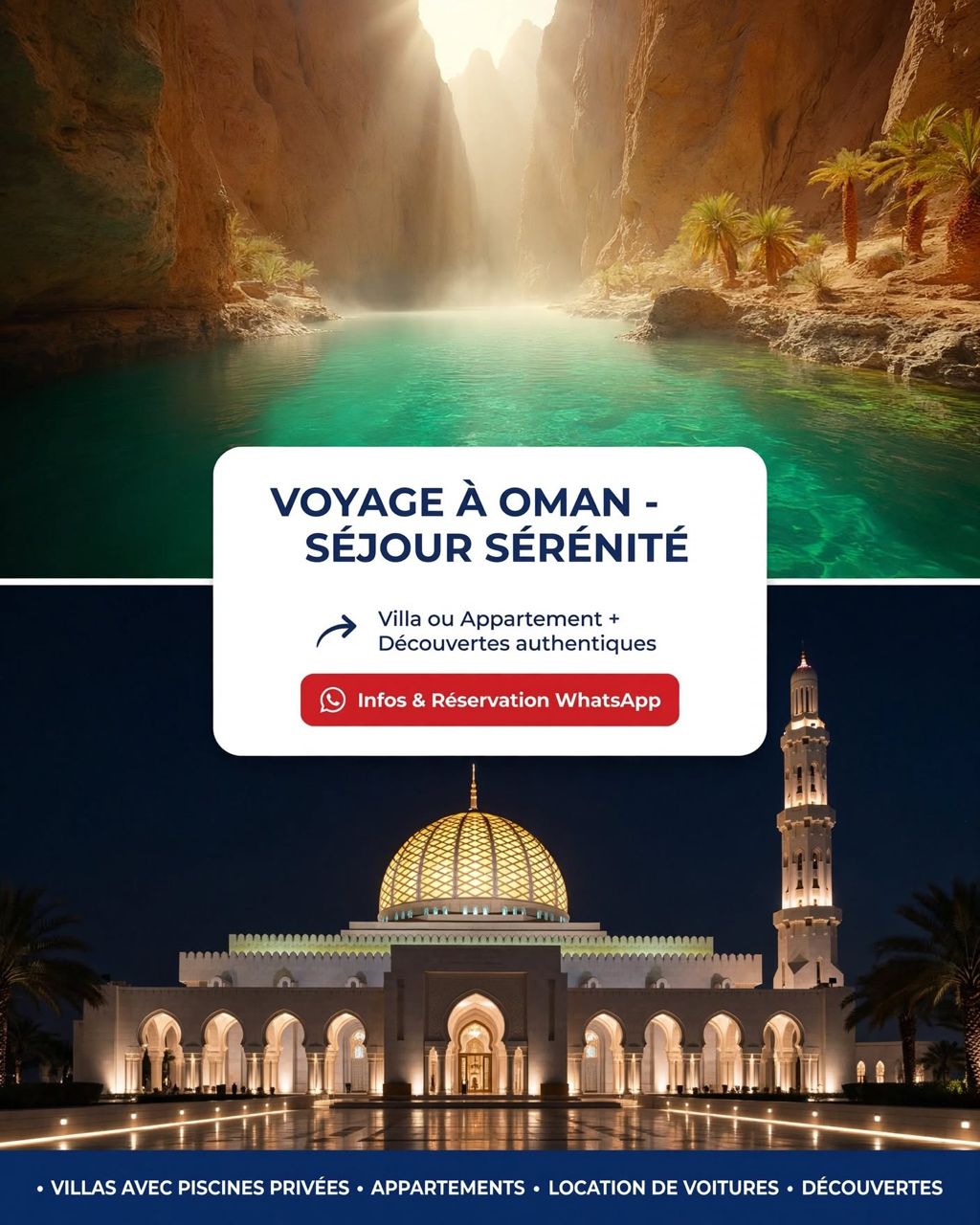 Wadi turquoise et mosquée au dôme doré la nuit